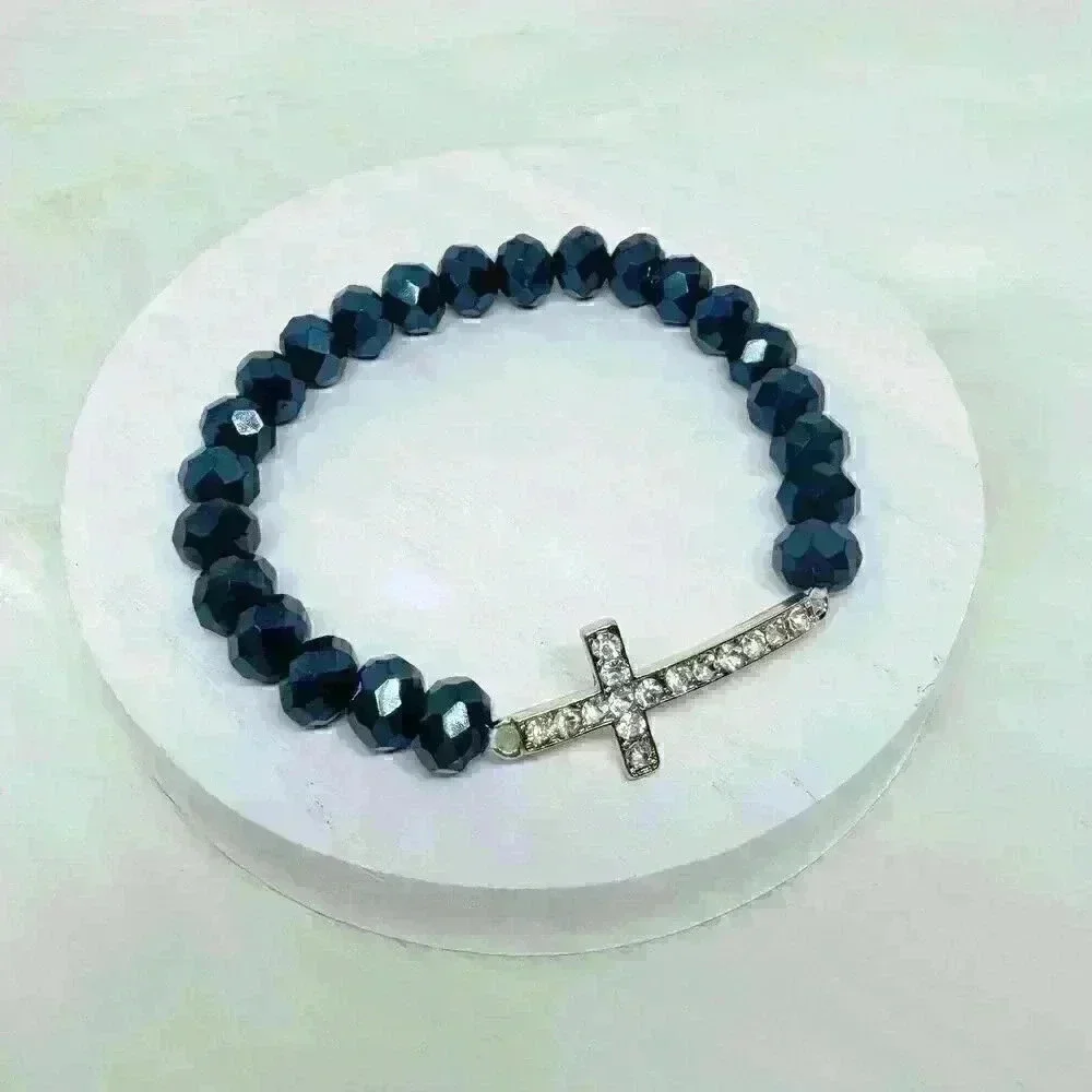 Navy Blue Beaded Bracelet with Rhinestones Cross